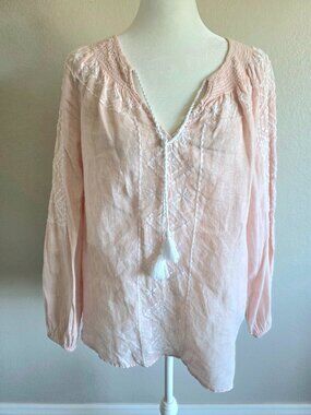 Joie Blouse Pink 100% Linen Embroidered Peasant Tassel Boho Smocked Top Size L